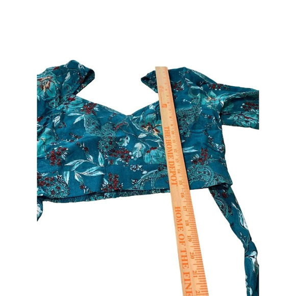 Floral Print V-Neck Long Sleeve Wrap Blouse Size M Blue & Teal - Picture 6 of 8
